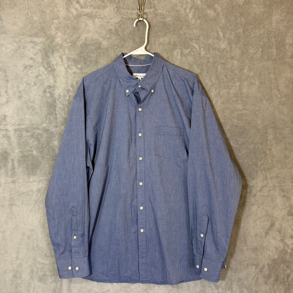 Peter Millar Men XL Chambray Button Shirt Blue Preppy Old Money Golf Linen Blend